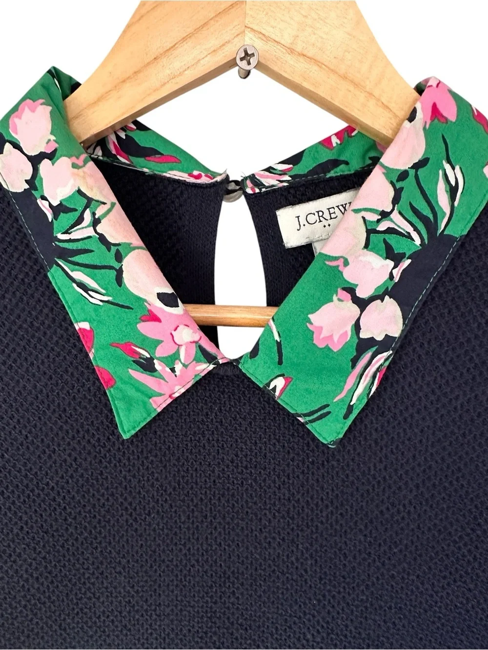 J. Crew Navy Tropical Floral Collar Sweater, Size Medium